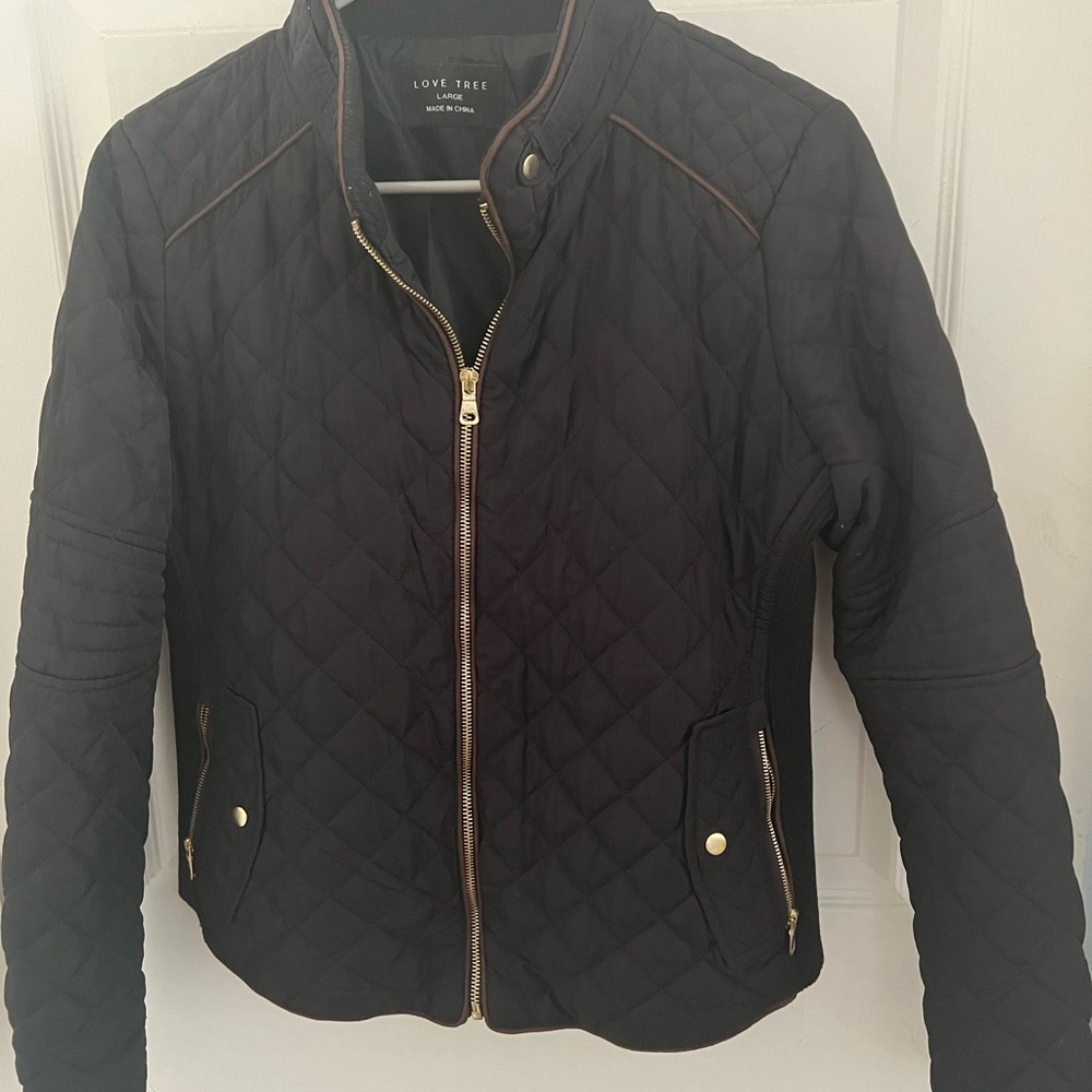 Love Tree Women's Black Quilted Puffer with Gold Accents